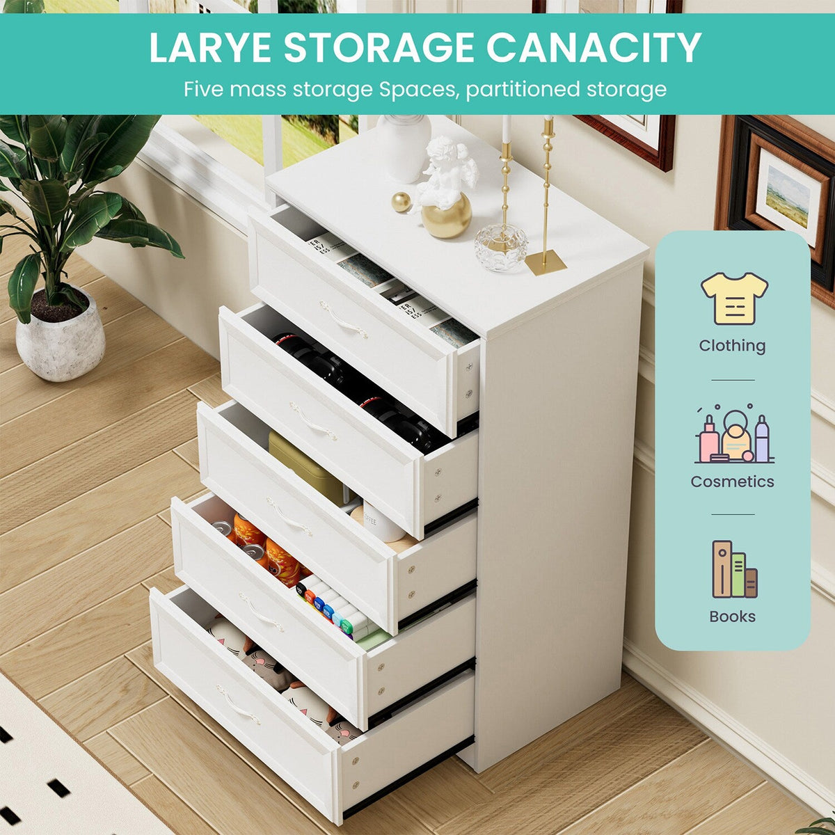 SINOFURN Traditional White Wood Accent Chest with Rattan Door Panels and Adjustable Shelves