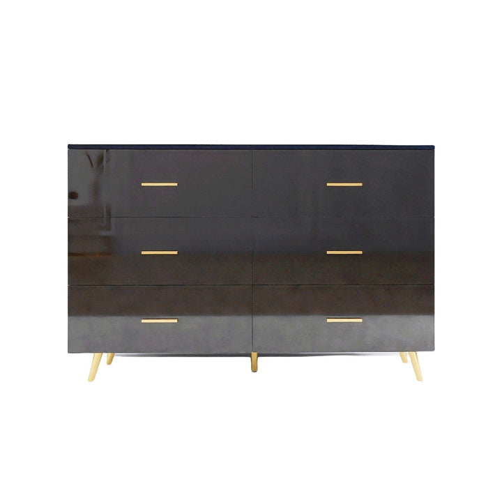 SINOFURN Contemporary Black Wood 6-Drawer Dresser with Golden Handles and Legs