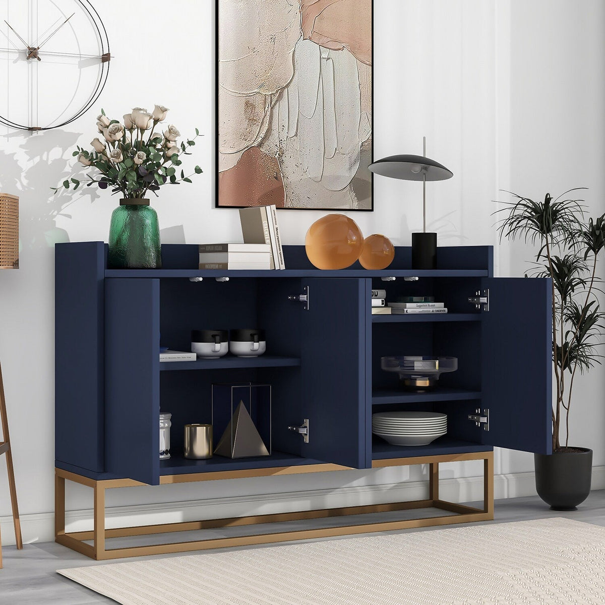 SINOFURN Rustic Light Brown Wood Sideboard with Bamboo Cabinet Body and Rattan Weave Detail