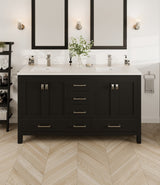 Eviva London 60 in. W x 18 in. D x 34 in. H Espresso Double Bathroom Vanity with White Carrara Marble Top and White Undermount Sinks