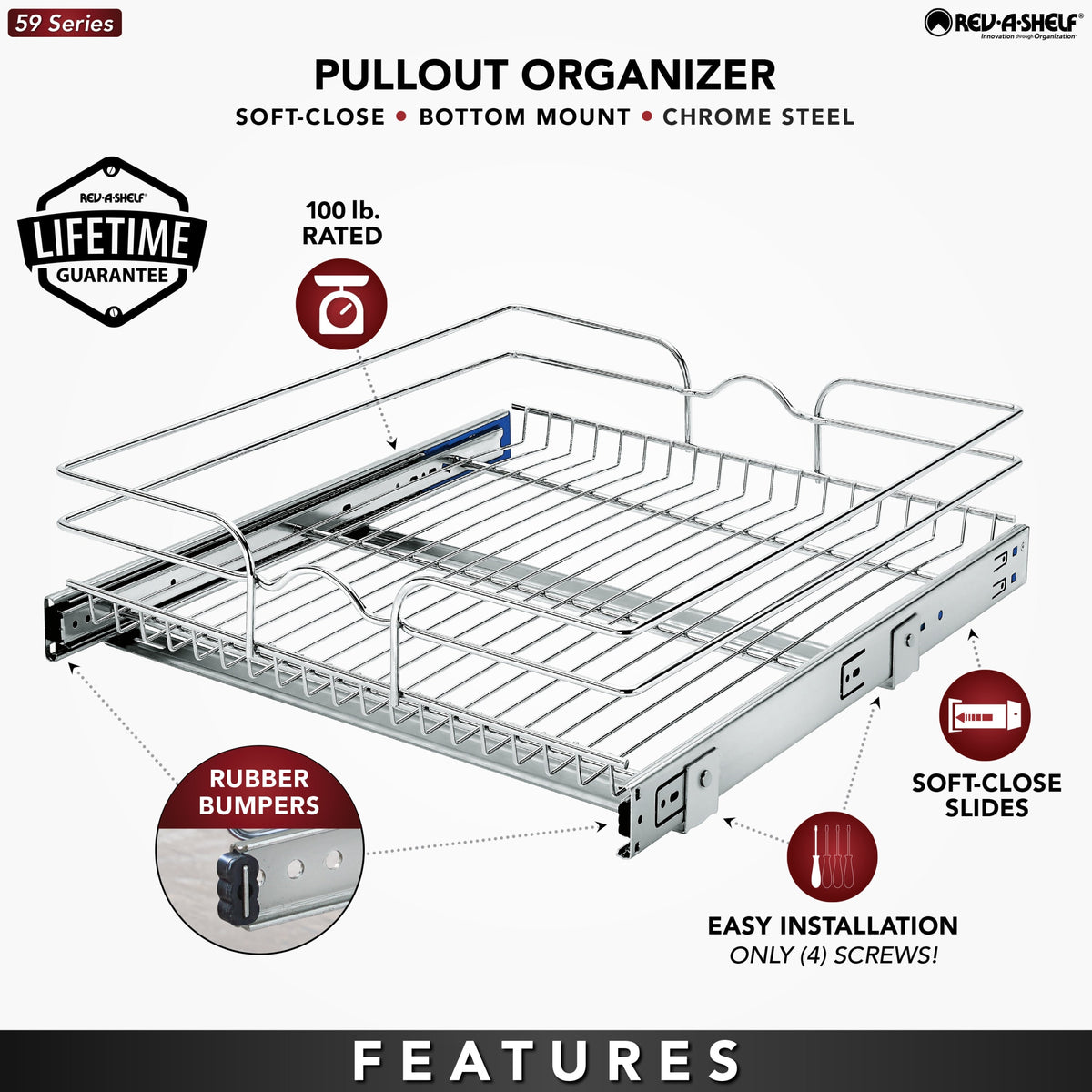 Rev-A-Shelf Single-Tier Pull-Out Basket Organizer, 20.5 in W x 6 in H x 22 in D, Chrome, Soft-Close