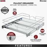 Rev-A-Shelf Single-Tier Pull-Out Basket Organizer, 20.5 in W x 6 in H x 22 in D, Chrome, Soft-Close