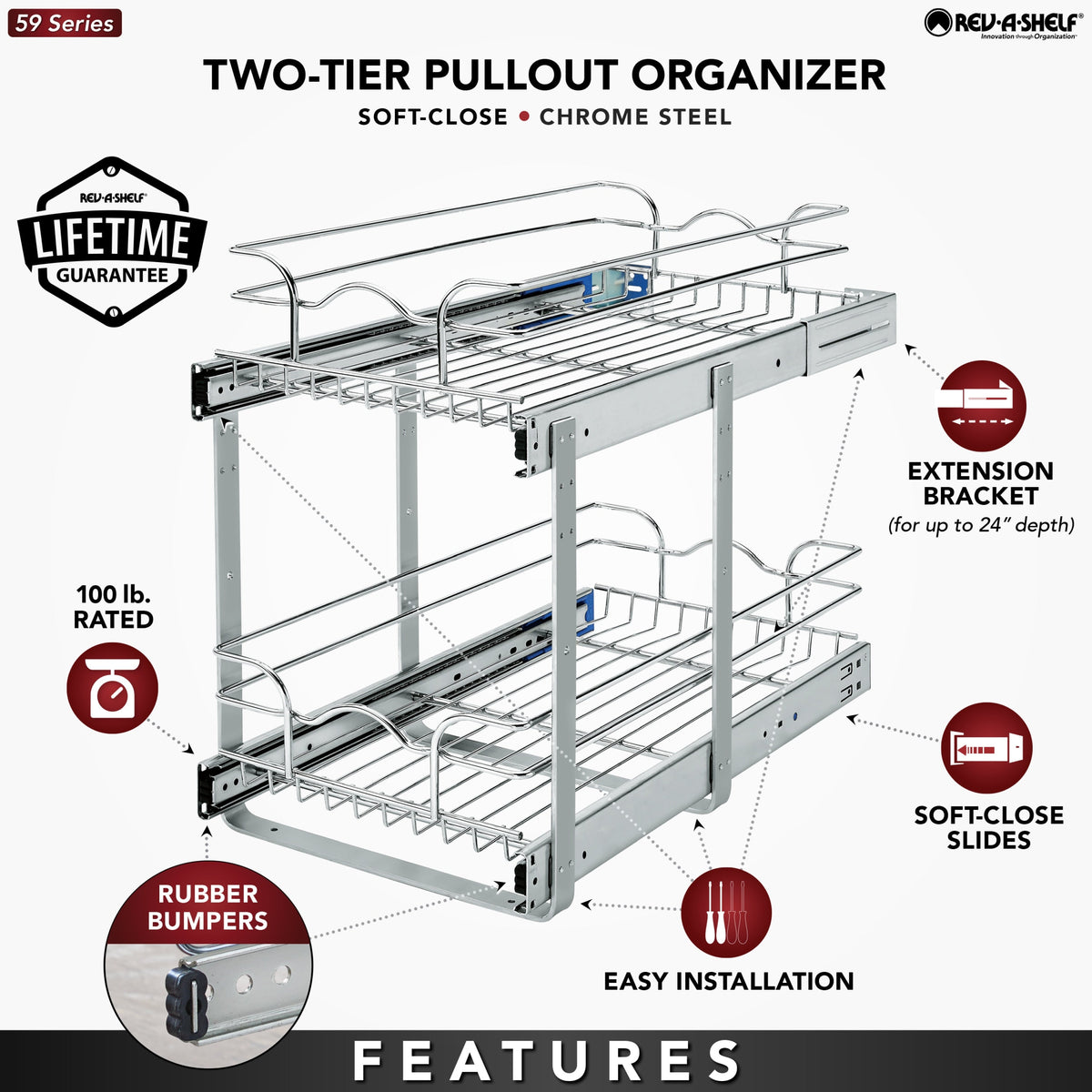 Rev-A-Shelf 11.75-in W x 19-in H 2-Tier Pull-Out Chrome Metal Soft-Close Basket Organizer, 22-in D
