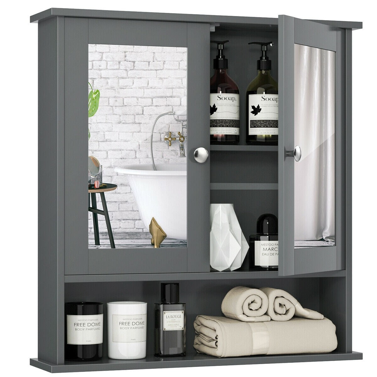 WELLFOR 22-in x 23-in Surface Mount Gray Mirrored Medicine Cabinet