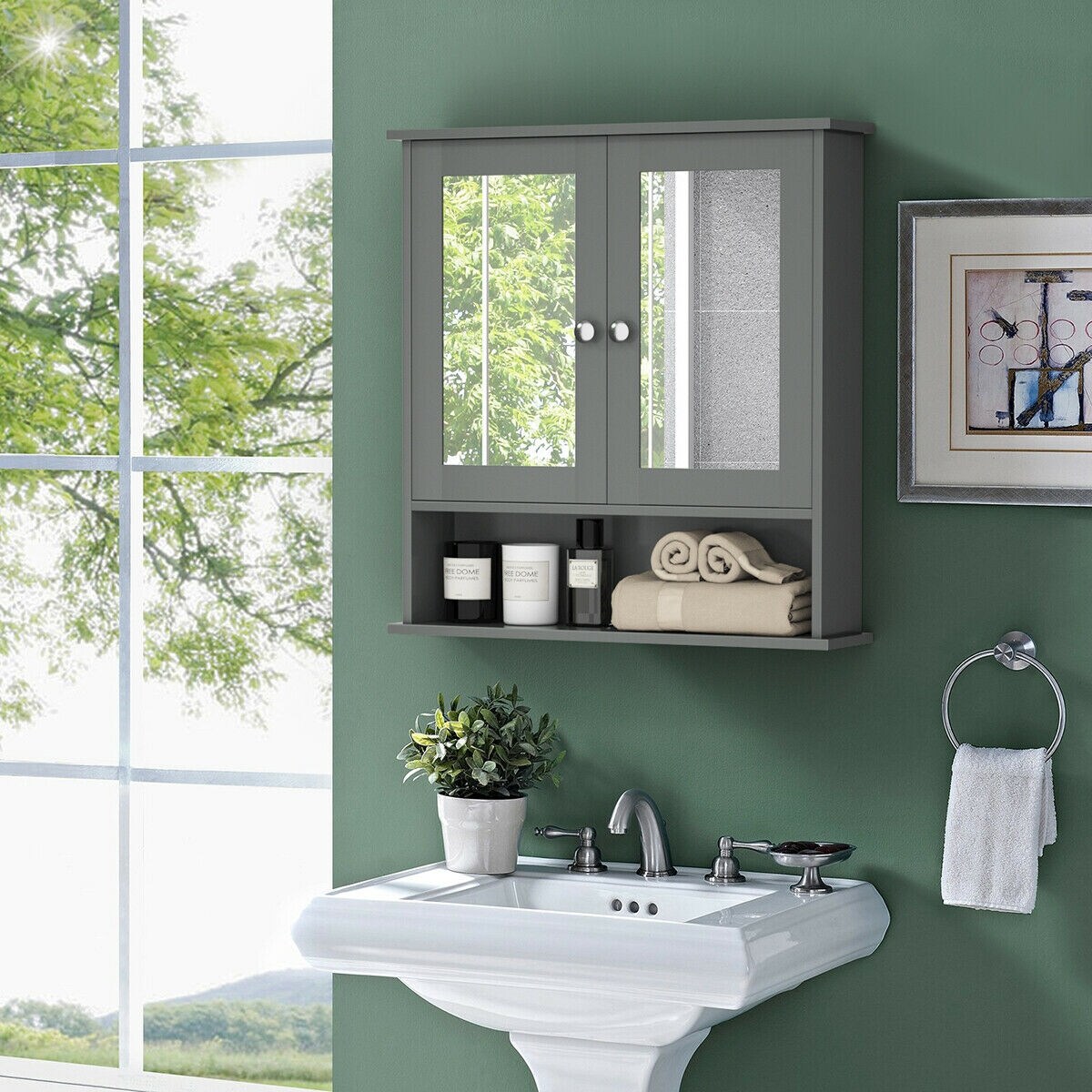 WELLFOR 22-in x 23-in Surface Mount Gray Mirrored Medicine Cabinet