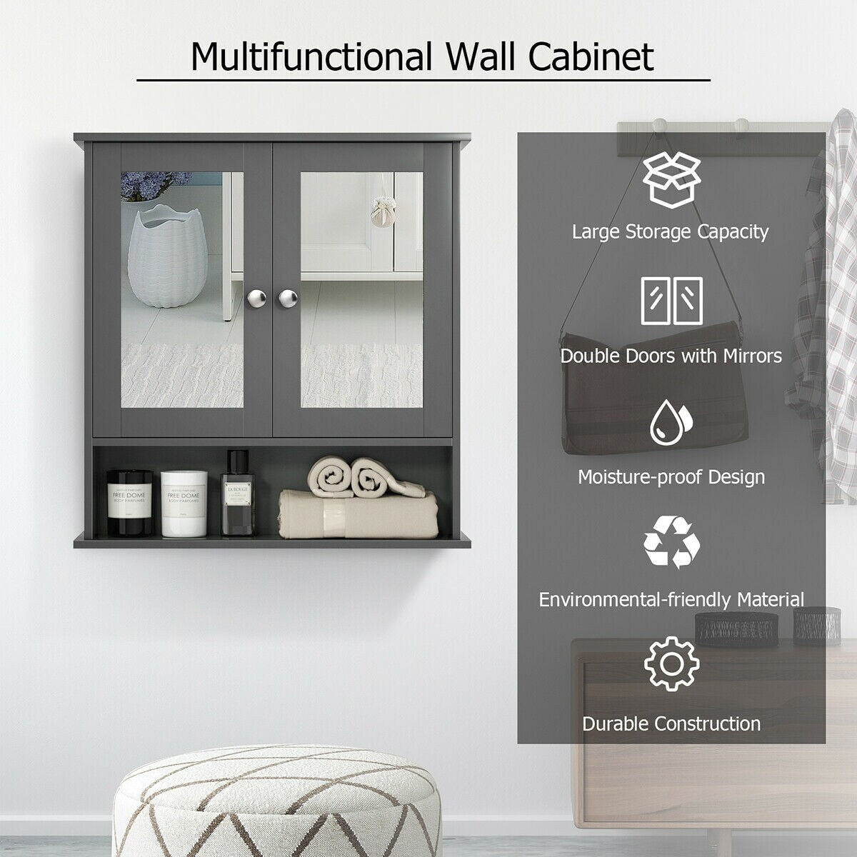 WELLFOR 22-in x 23-in Surface Mount Gray Mirrored Medicine Cabinet