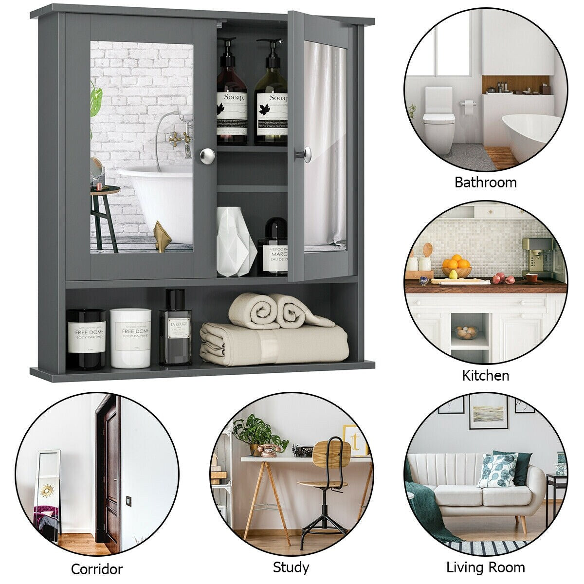 WELLFOR 22-in x 23-in Surface Mount Gray Mirrored Medicine Cabinet