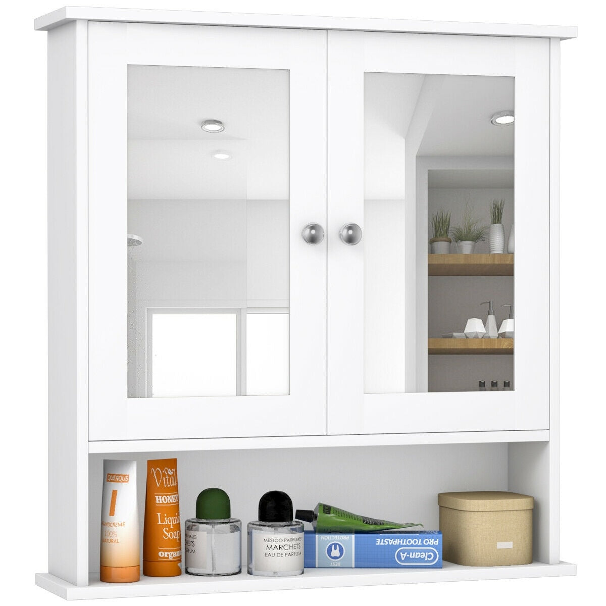 WELLFOR 22-in x 23-in Surface Mount White Mirrored Medicine Cabinet