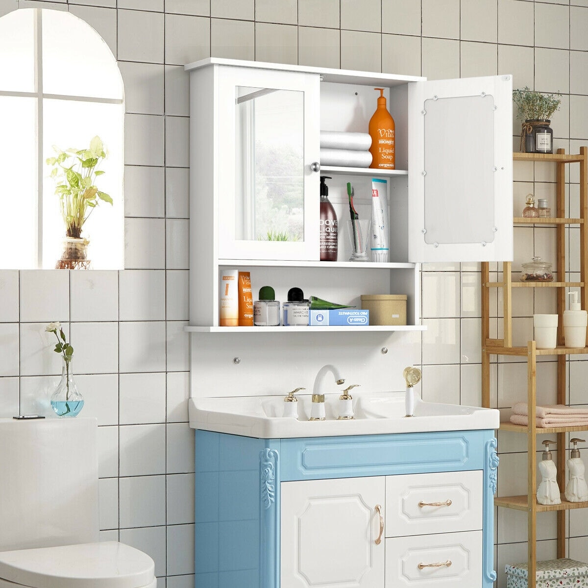 WELLFOR 22-in x 23-in Surface Mount White Mirrored Medicine Cabinet
