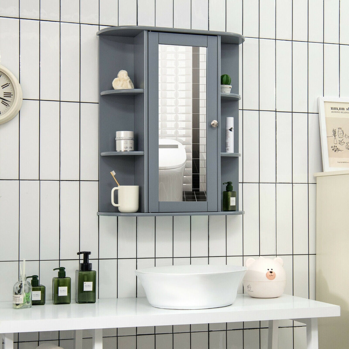 WELLFOR 23.5-in x 28-in Surface Mount Gray Mirrored Medicine Cabinet