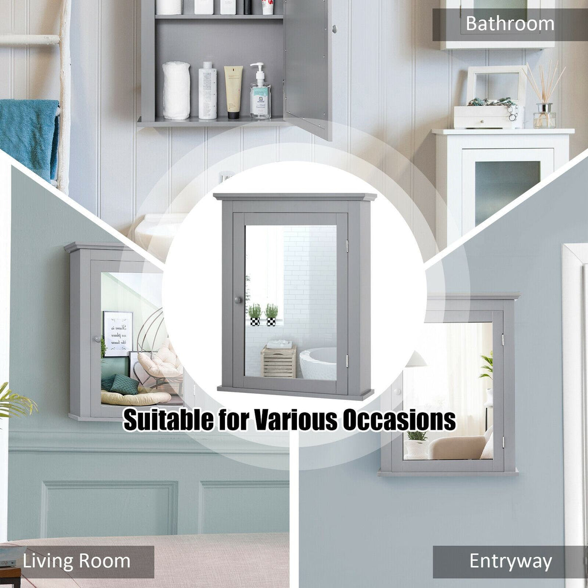 WELLFOR 22-in x 27-in Surface Mount Gray Mirrored Medicine Cabinet