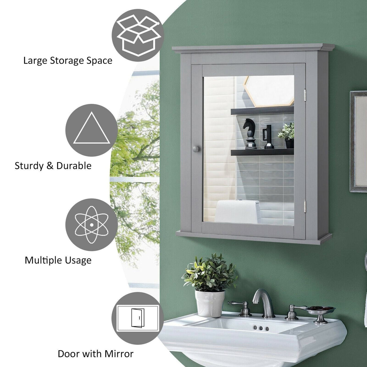 WELLFOR 22-in x 27-in Surface Mount Gray Mirrored Medicine Cabinet