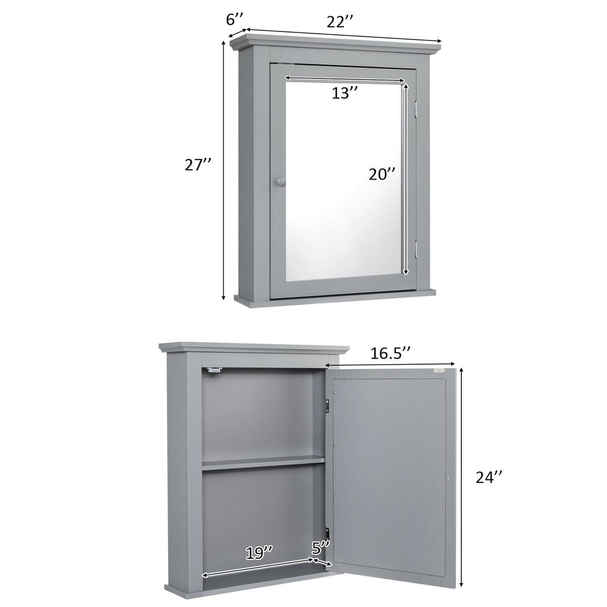 WELLFOR 22-in x 27-in Surface Mount Gray Mirrored Medicine Cabinet