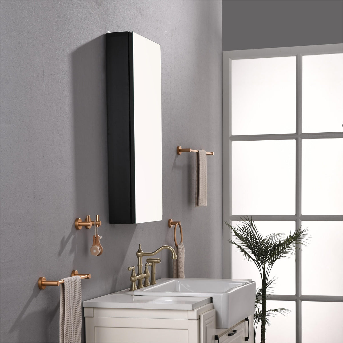 WELLFOR 18-in x 36-in Lighted Surface/Recessed Mount Black Mirrored Soft Close Medicine Cabinet
