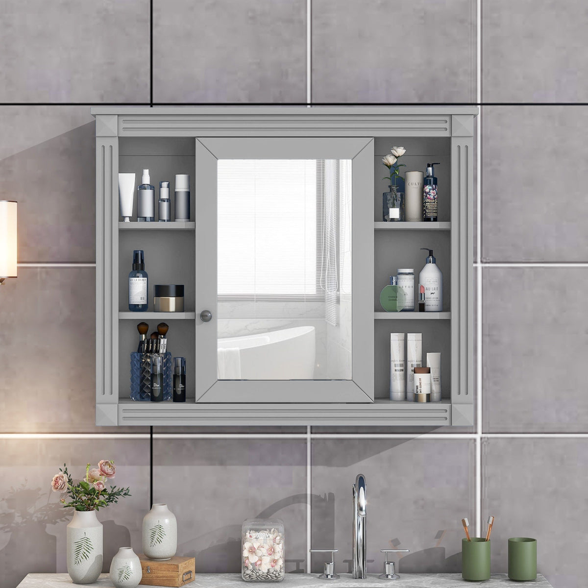 WELLFOR MS 35-in x 28-in Surface Mount Gray Mirrored Soft Close Medicine Cabinet