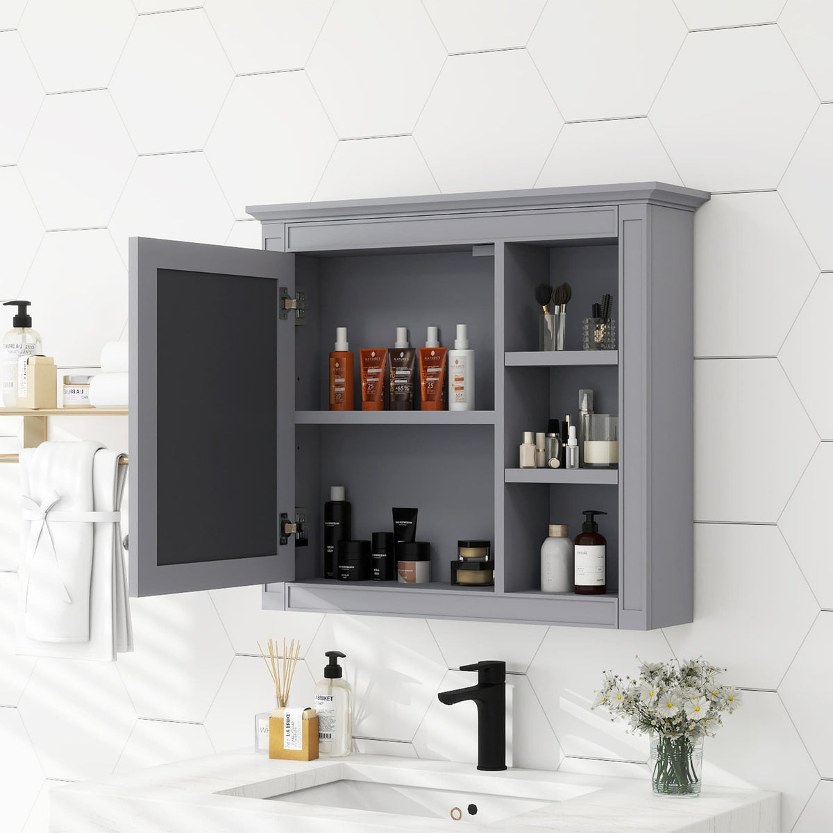 WELLFOR MR 30-in x 28-in Surface Mount Gray Mirrored Soft Close Medicine Cabinet