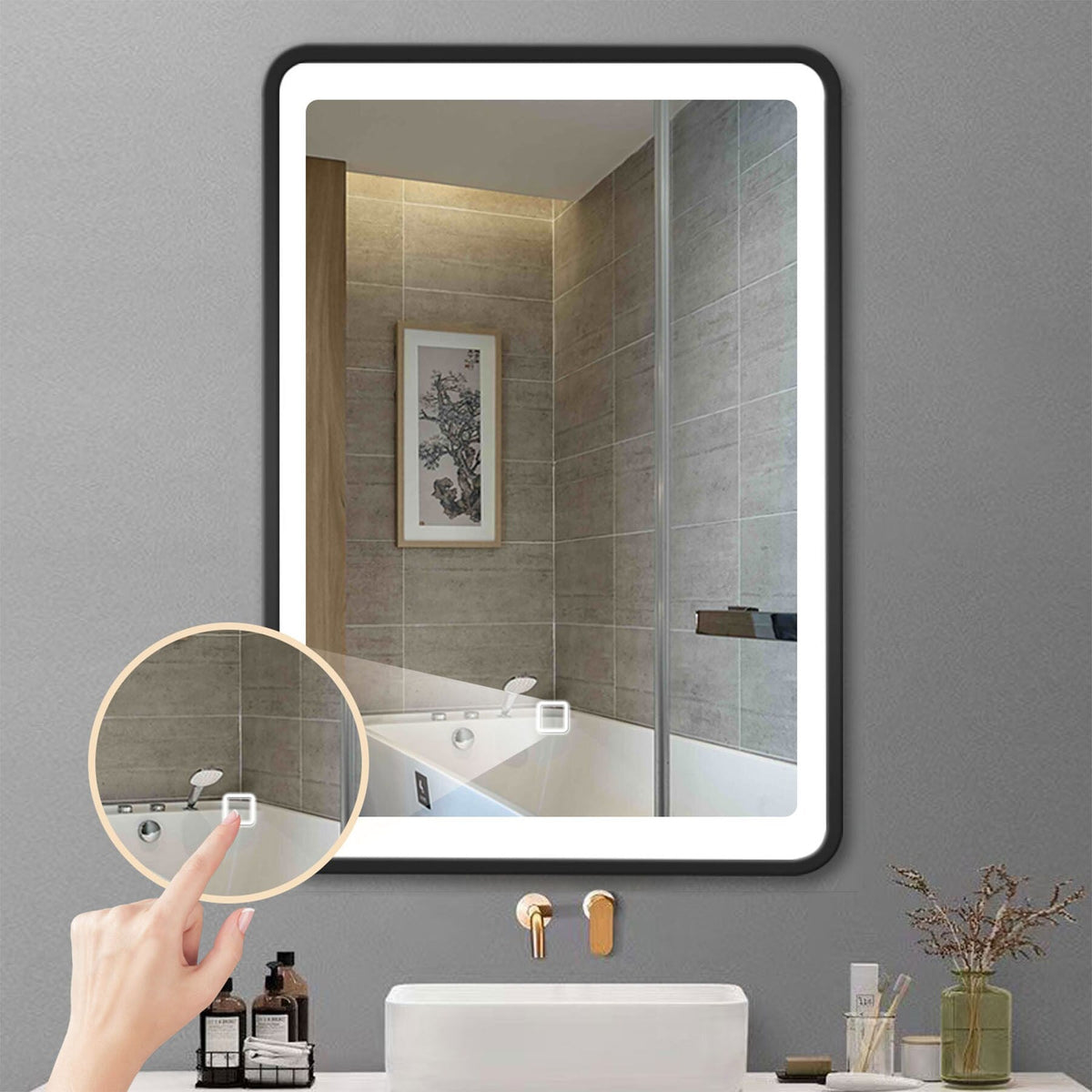 WELLFOR AO 20-in x 28-in Lighted LED Fog Free Surface Mount Black Mirrored Medicine Cabinet