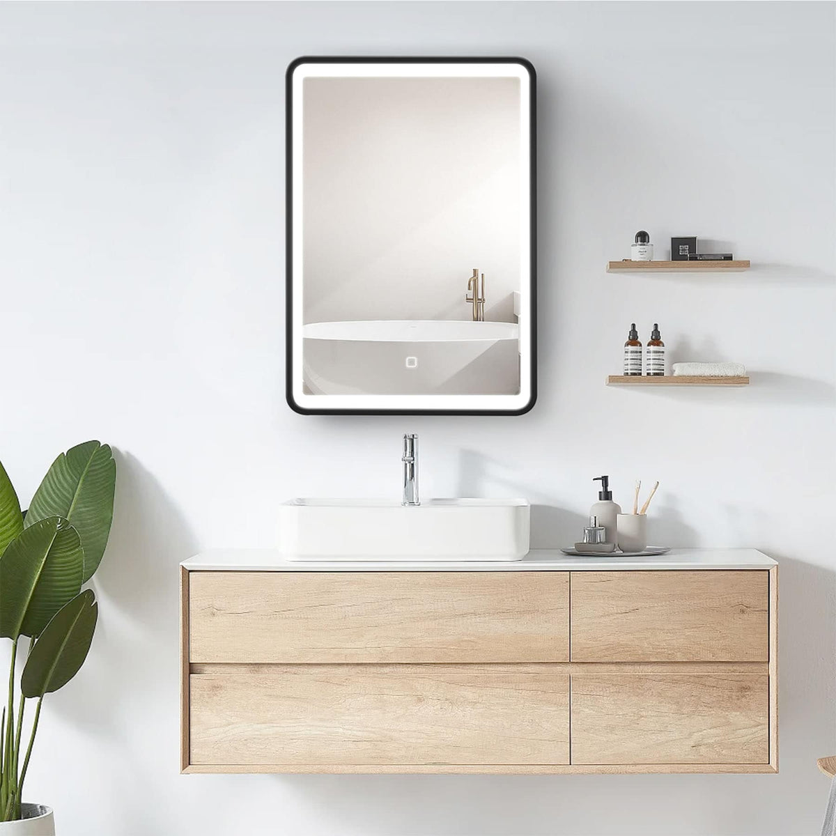 WELLFOR AO 20-in x 28-in Lighted LED Fog Free Surface Mount Black Mirrored Medicine Cabinet