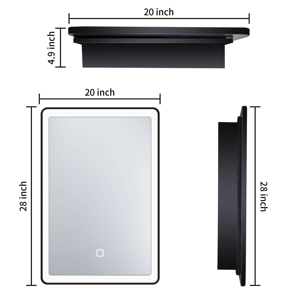 WELLFOR AO 20-in x 28-in Lighted LED Fog Free Surface Mount Black Mirrored Medicine Cabinet