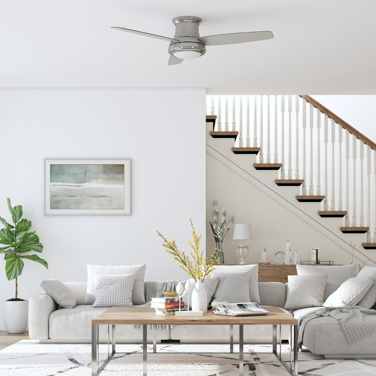 Harbor Breeze Sail Stream 52-in Brushed Nickel LED Indoor Flush Mount Ceiling Fan with Light Kit and Remote, 3-Blade