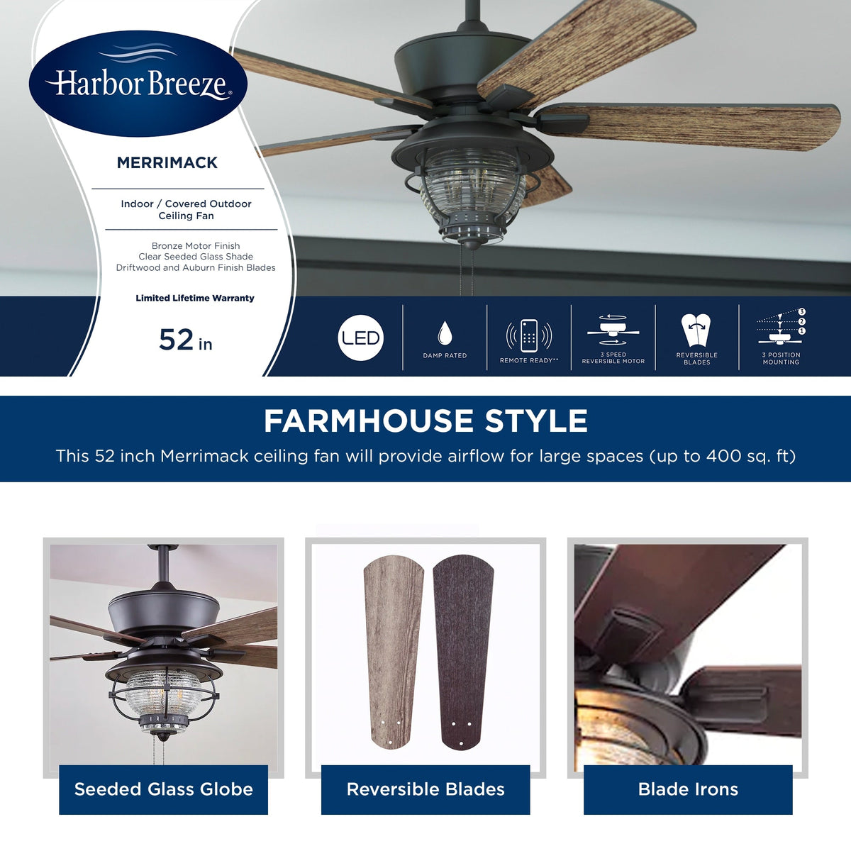 Harbor Breeze Merrimack II 52-in Matte Bronze LED Indoor/Outdoor Ceiling Fan with Light Kit, 5-Blade