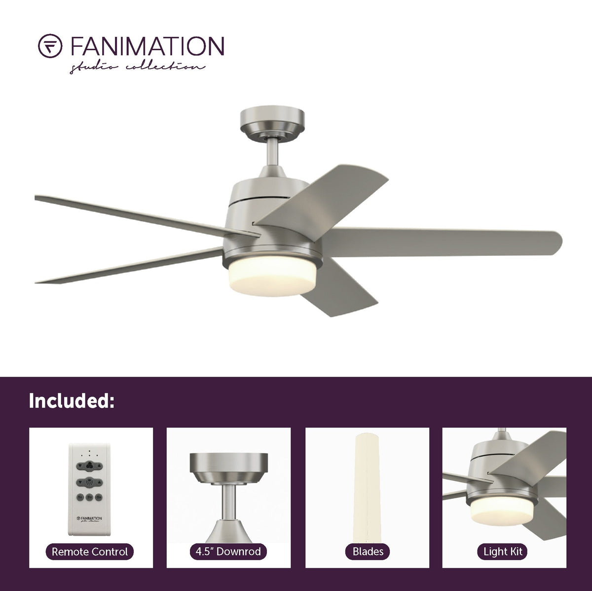 Fanimation Studio Collection Berlin 52-in Brushed Nickel LED Indoor/Outdoor Ceiling Fan with Remote (5-Blade)