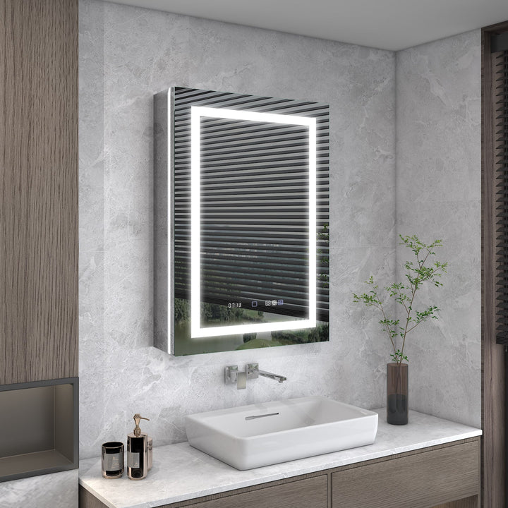 WELLFOR V11 24-in x 36-in Lighted LED Fog Free Surface/Recessed Mount Silver Mirrored Soft Close Medicine Cabinet with Outlet