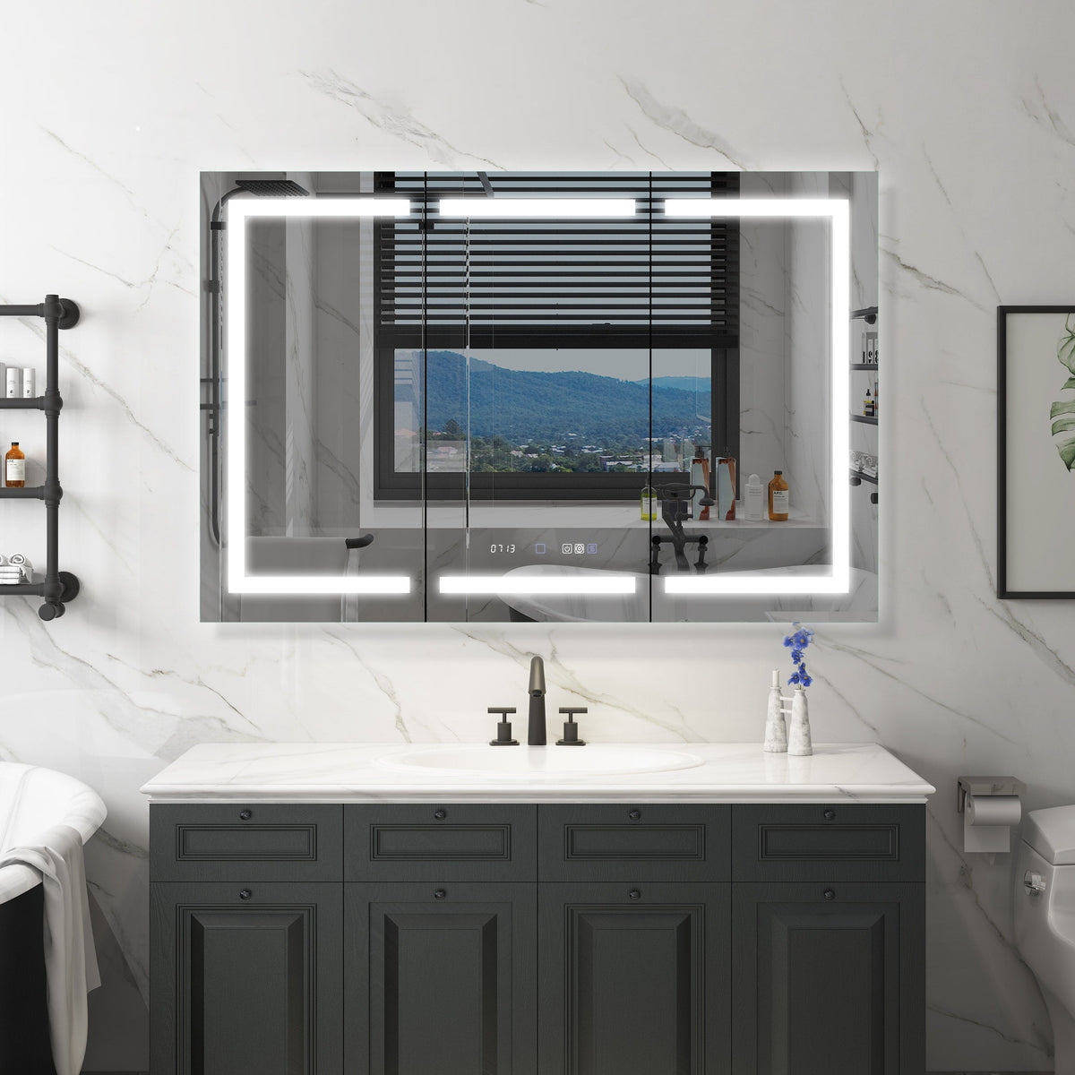WELLFOR 54-in x 36-in Lighted LED Fog Free Surface/Recessed Mount Silver Mirrored Soft Close Medicine Cabinet with Outlet