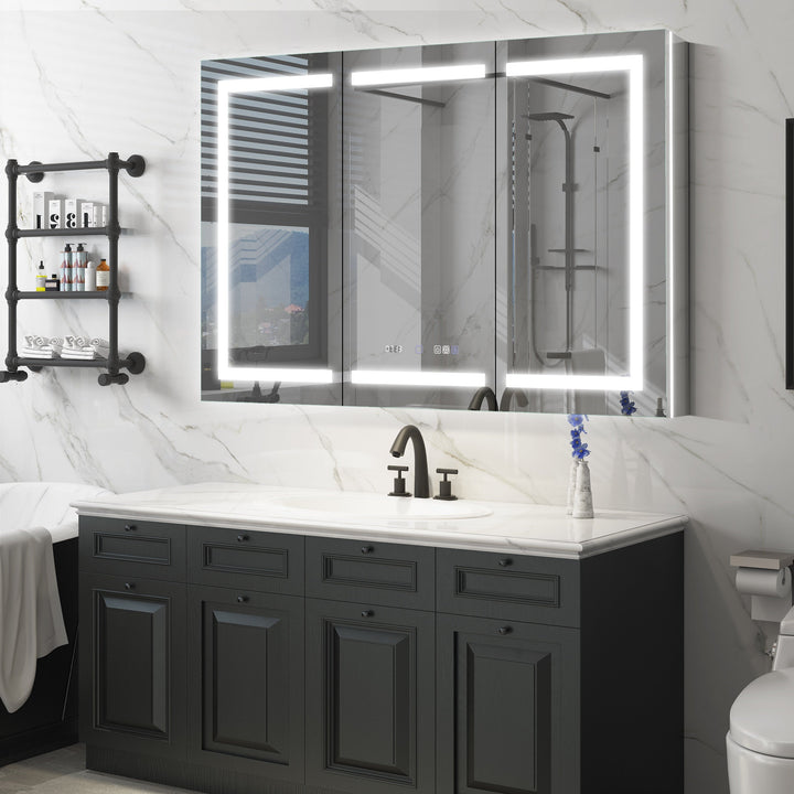 WELLFOR 54-in x 36-in Lighted LED Fog Free Surface/Recessed Mount Silver Mirrored Soft Close Medicine Cabinet with Outlet
