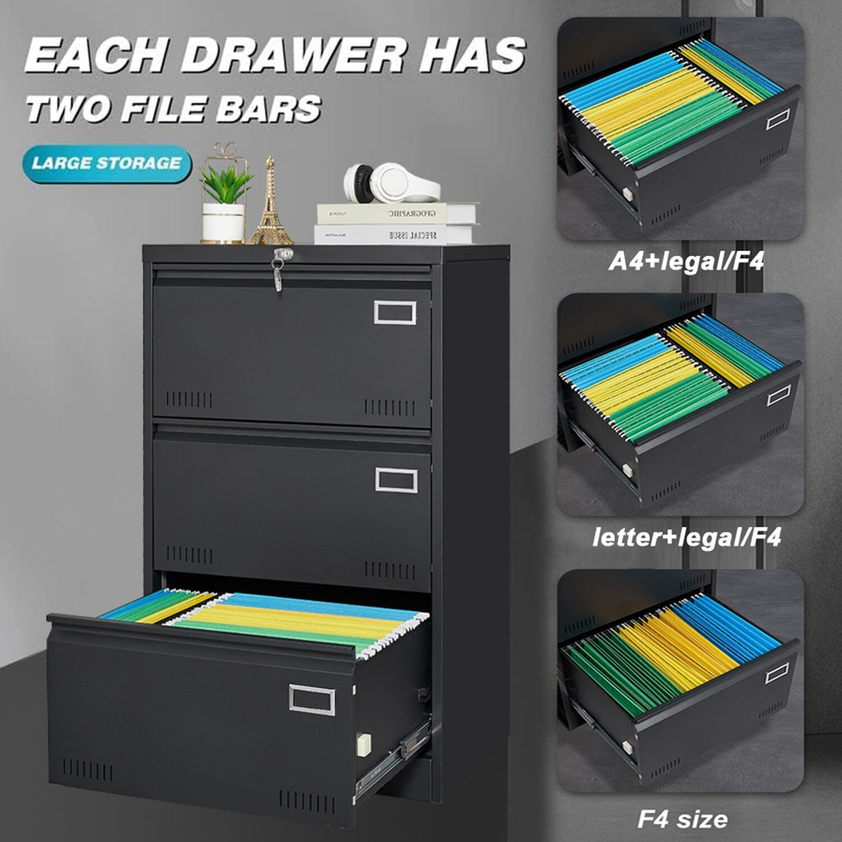 SINOFURN Black 3-Drawer 23.6-in File Cabinet