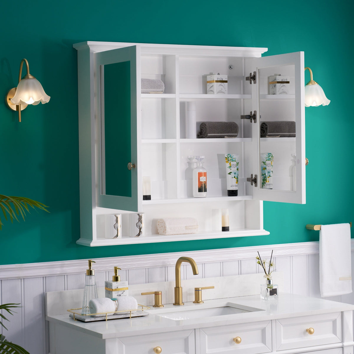 WELLFOR GRACE Solid Wood 36-in x 34-in Surface Mount White Mirrored Soft Close Medicine Cabinet