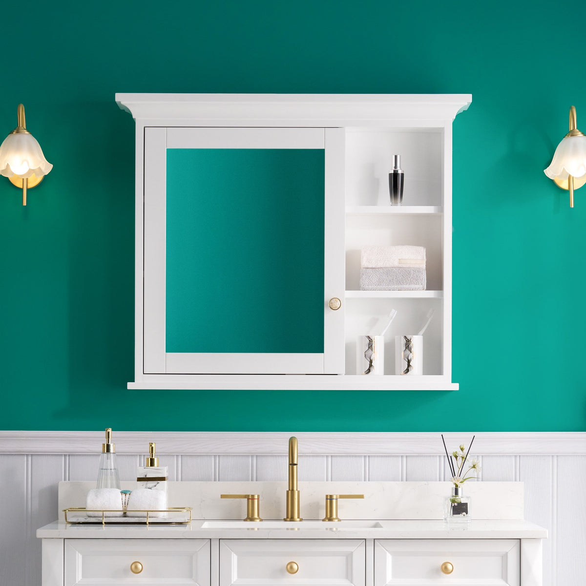 WELLFOR GRACE Solid Wood 36-in x 30-in Surface Mount White Mirrored Soft Close Medicine Cabinet
