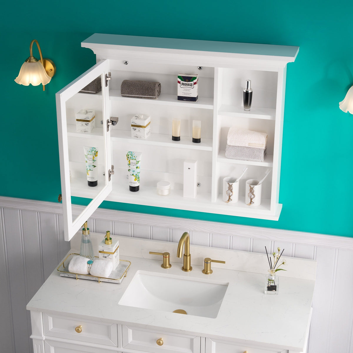 WELLFOR GRACE Solid Wood 36-in x 30-in Surface Mount White Mirrored Soft Close Medicine Cabinet