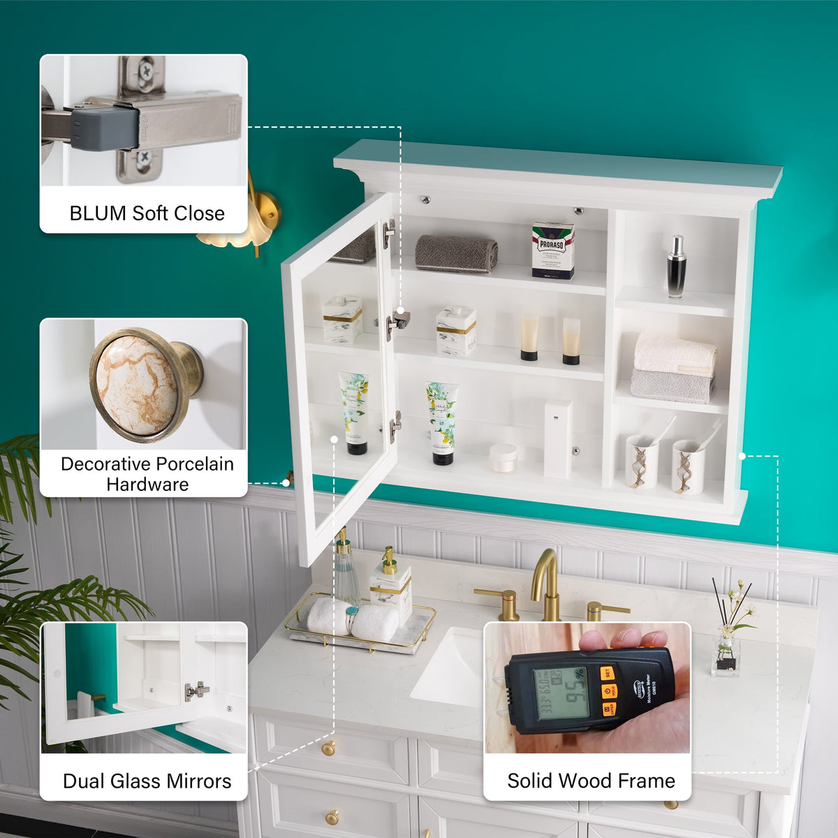 WELLFOR GRACE Solid Wood 36-in x 30-in Surface Mount White Mirrored Soft Close Medicine Cabinet