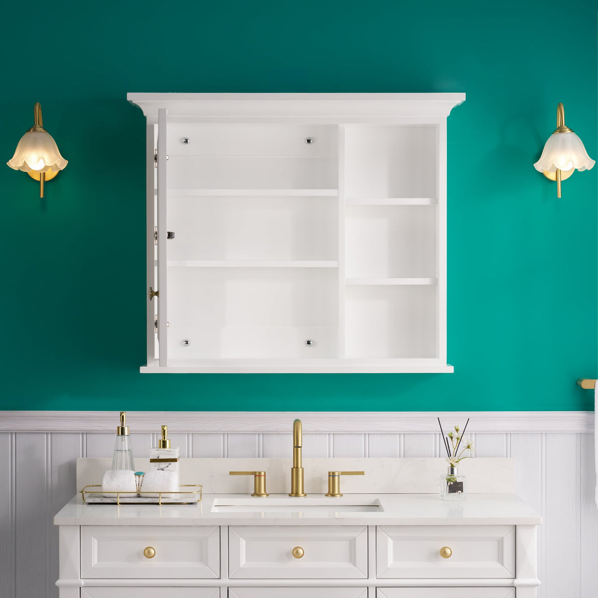 WELLFOR GRACE Solid Wood 36-in x 30-in Surface Mount White Mirrored Soft Close Medicine Cabinet