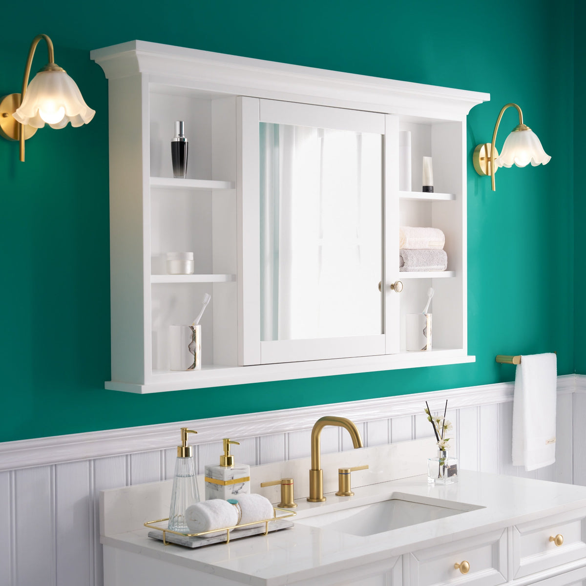 WELLFOR GRACE Solid Wood 48-in x 30-in Surface Mount White Mirrored Soft Close Medicine Cabinet
