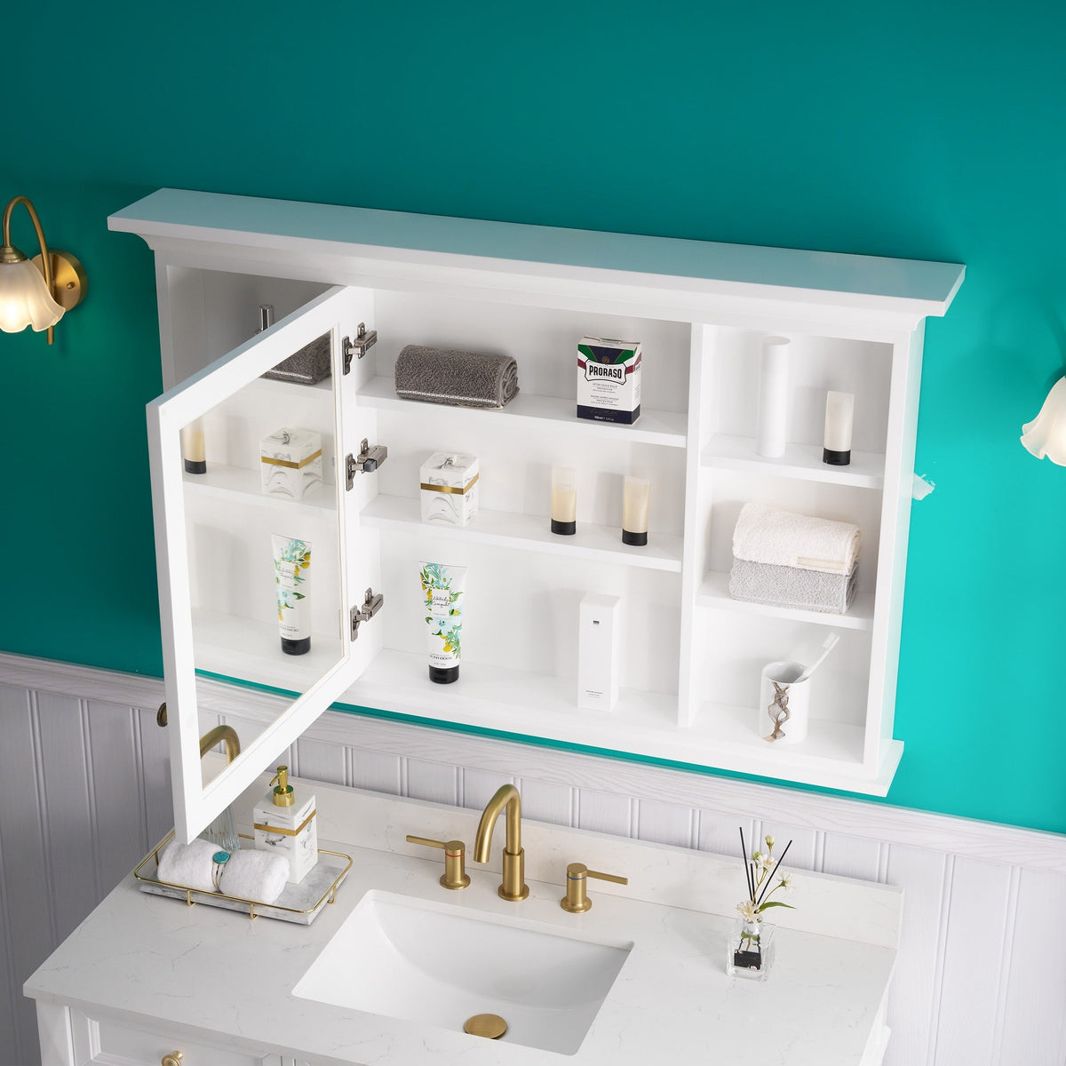 WELLFOR GRACE Solid Wood 48-in x 30-in Surface Mount White Mirrored Soft Close Medicine Cabinet