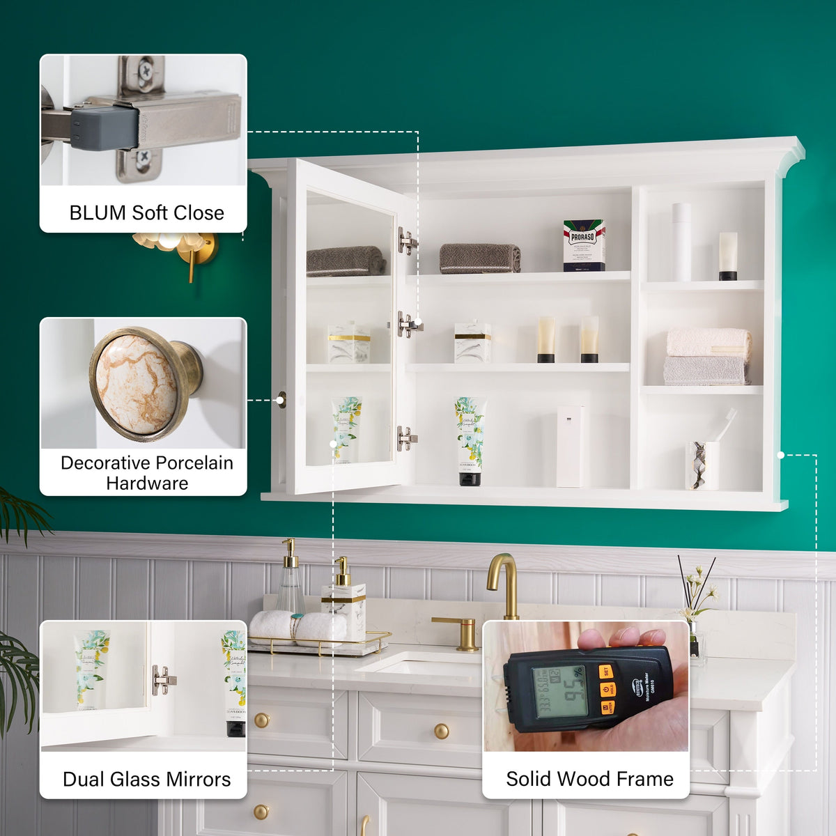 WELLFOR GRACE Solid Wood 48-in x 30-in Surface Mount White Mirrored Soft Close Medicine Cabinet