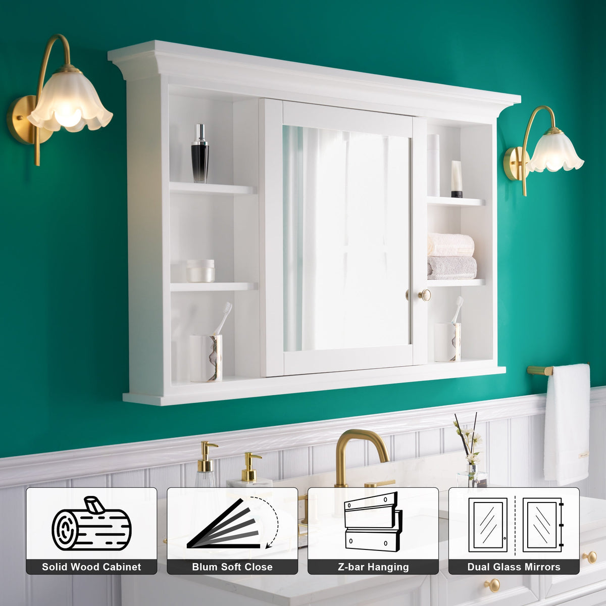 WELLFOR GRACE Solid Wood 48-in x 30-in Surface Mount White Mirrored Soft Close Medicine Cabinet