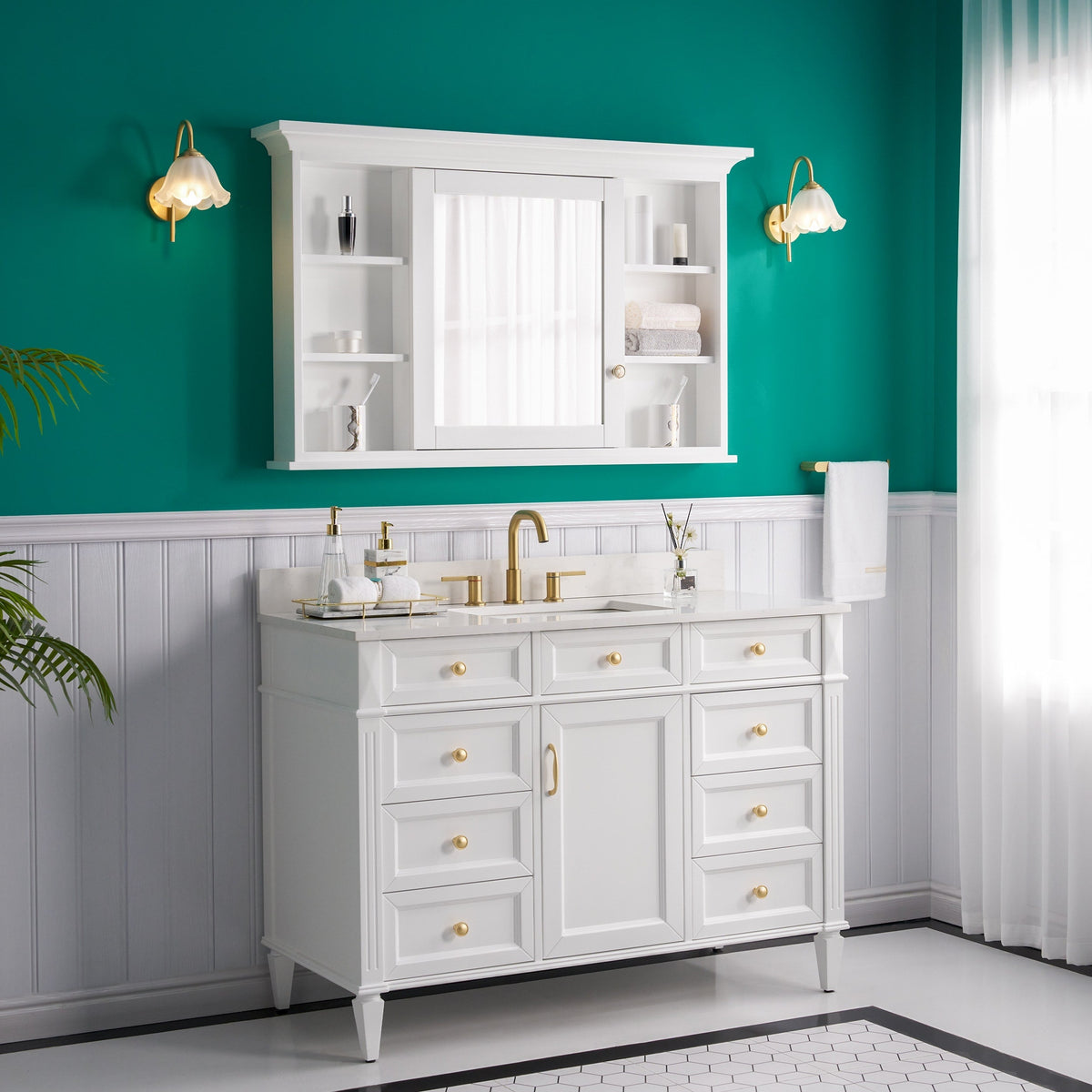 WELLFOR GRACE Solid Wood 48-in x 30-in Surface Mount White Mirrored Soft Close Medicine Cabinet