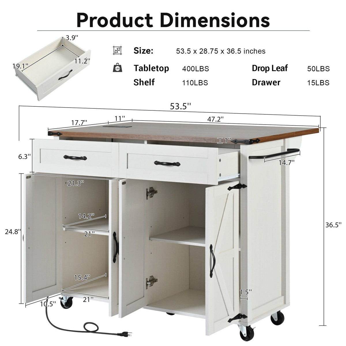 BABOOM White Mdf Base with Mdf Top Rolling Kitchen Island (28.75-in x 53.5-in x 36.5-in)