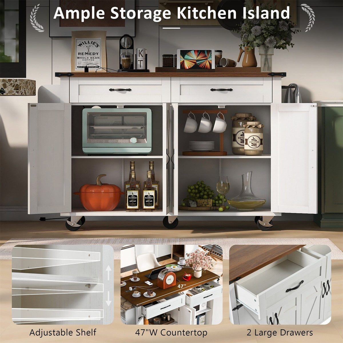 BABOOM White Mdf Base with Mdf Top Rolling Kitchen Island (28.75-in x 53.5-in x 36.5-in)