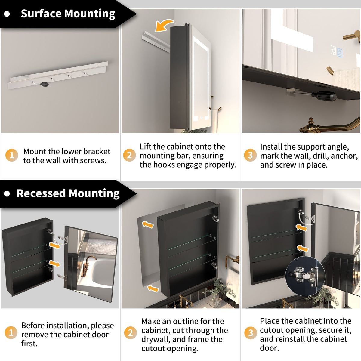 ExBrite Savio 36-in x 26-in Lighted LED Fog Free Surface/Recessed Mount Matte Black Mirrored Soft Close Medicine Cabinet with Outlet
