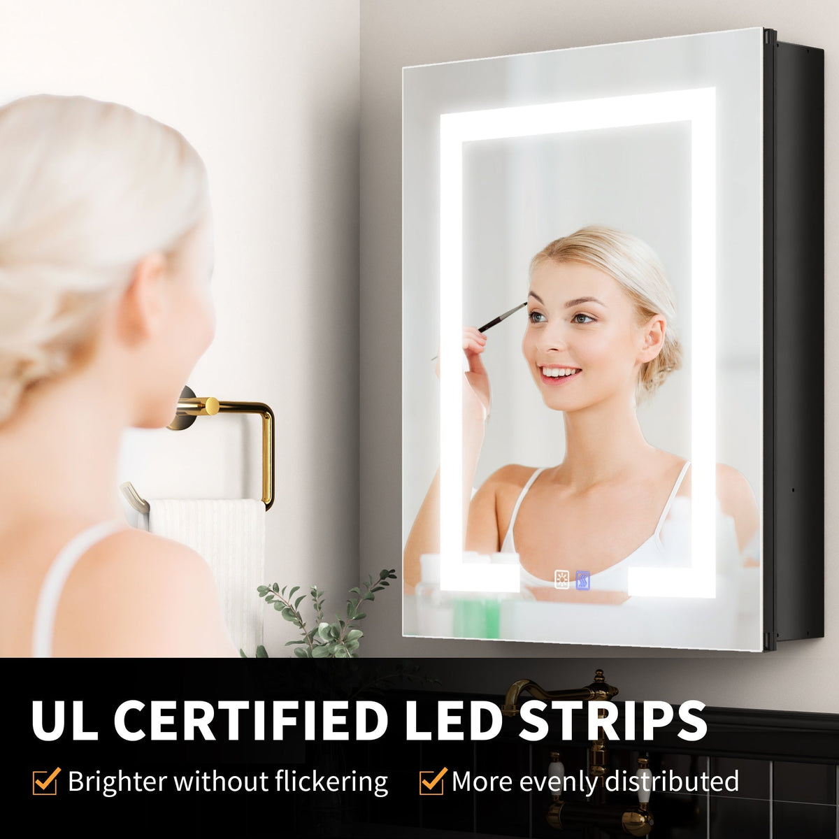ExBrite Savio 20-in x 26-in Lighted LED Fog Free Surface/Recessed Mount Matte Black Mirrored Soft Close Medicine Cabinet with Outlet