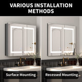 ExBrite Savio 30-in x 26-in Lighted LED Fog Free Surface/Recessed Mount Matte Black Mirrored Soft Close Medicine Cabinet with Outlet