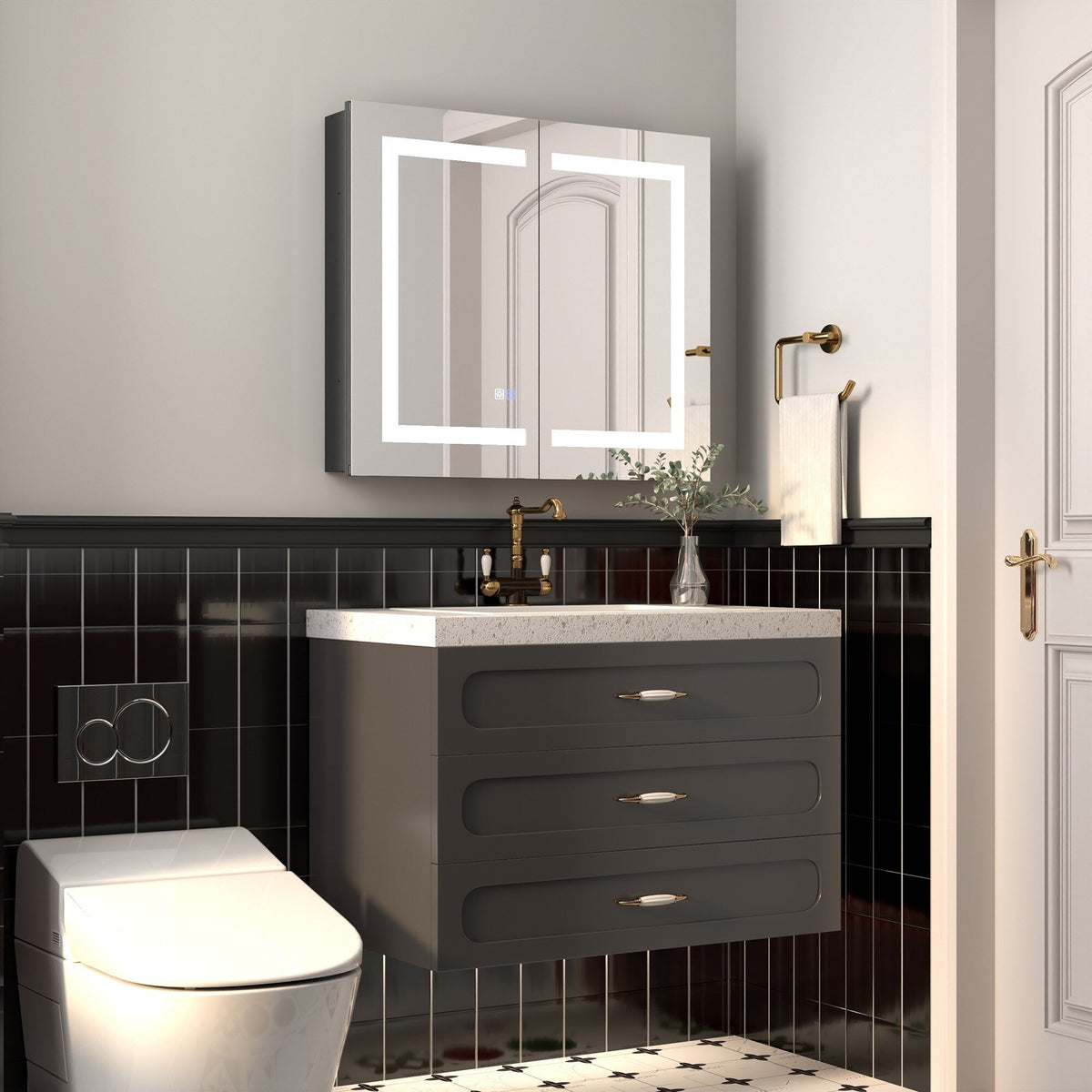 ExBrite Savio 30-in x 26-in Lighted LED Fog Free Surface/Recessed Mount Matte Black Mirrored Soft Close Medicine Cabinet with Outlet
