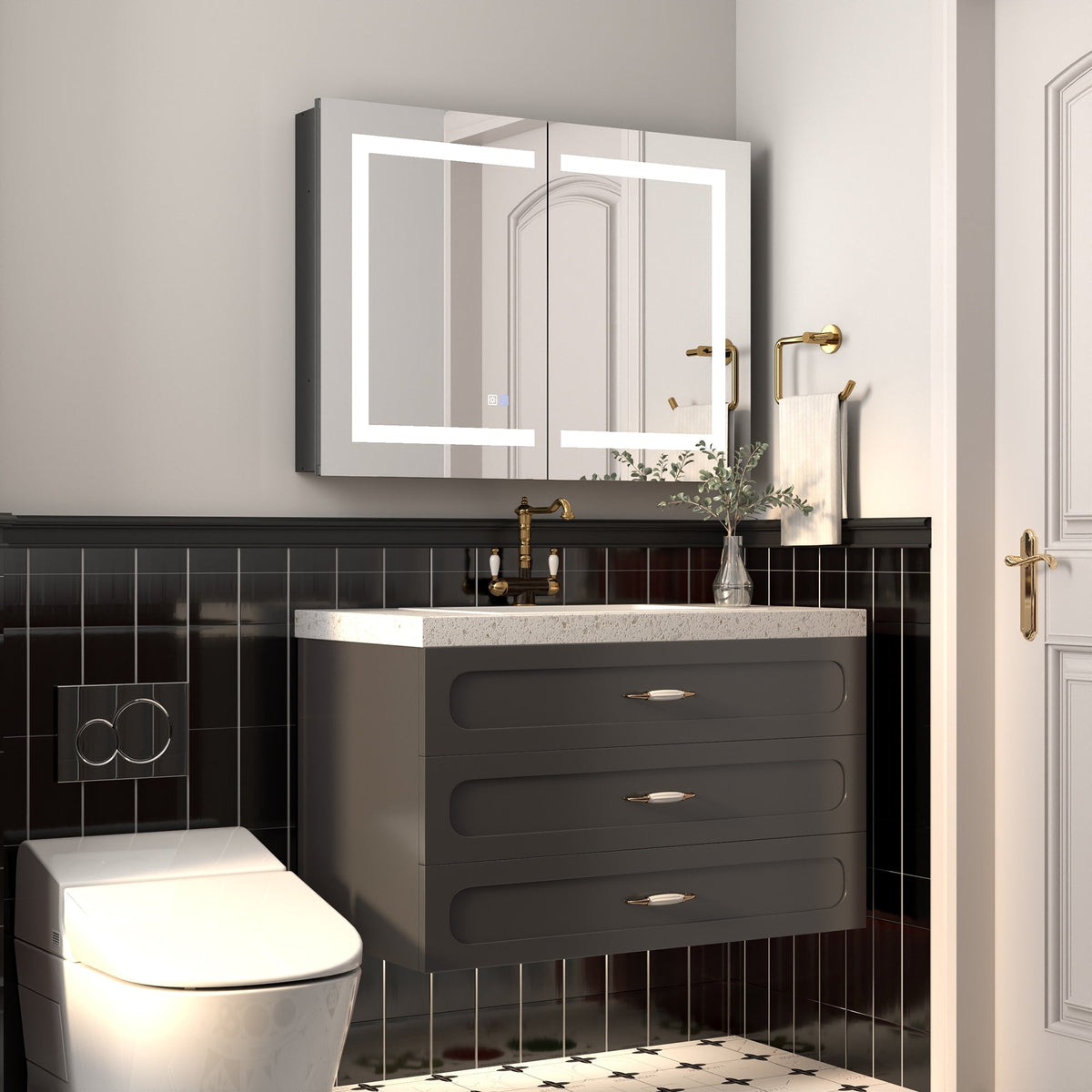 ExBrite Savio 36-in x 26-in Lighted LED Fog Free Surface/Recessed Mount Matte Black Mirrored Soft Close Medicine Cabinet with Outlet