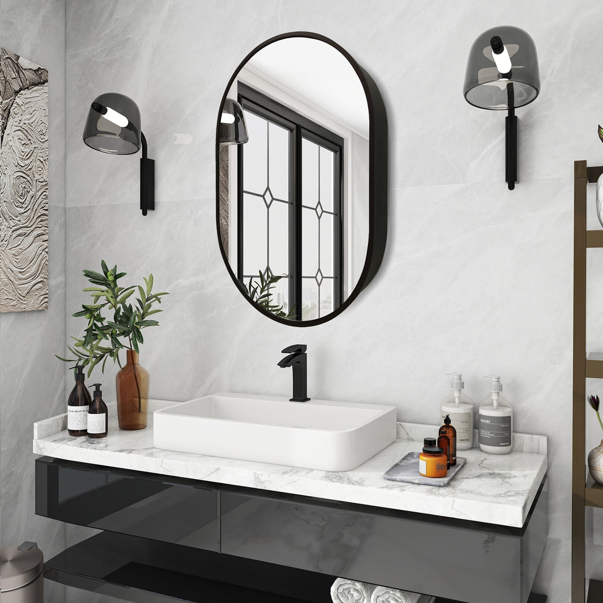 WELLFOR 24-in x 36-in Surface Mount Black Mirrored Oval Medicine Cabinet
