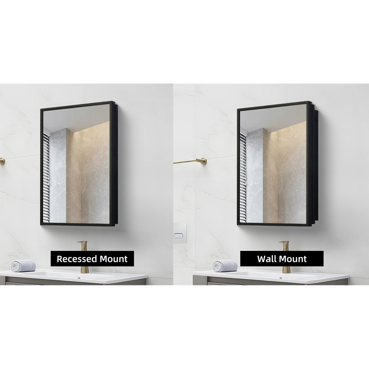 WELLFOR 16-in x 24-in Surface/Recessed Mount Black Mirrored Medicine Cabinet