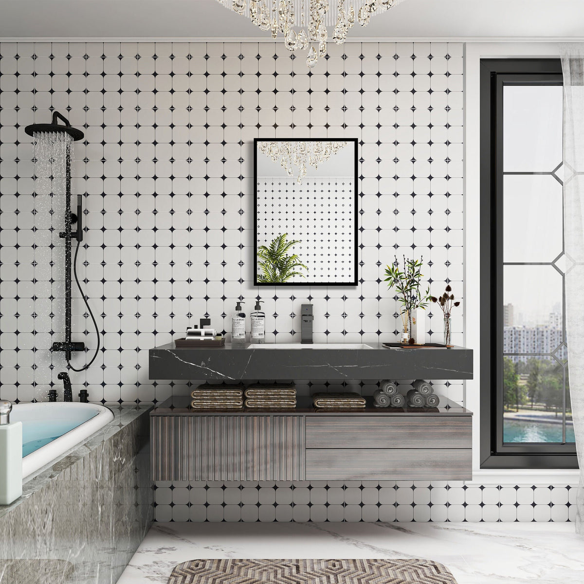 WELLFOR 16-in x 24-in Surface/Recessed Mount Black Mirrored Medicine Cabinet
